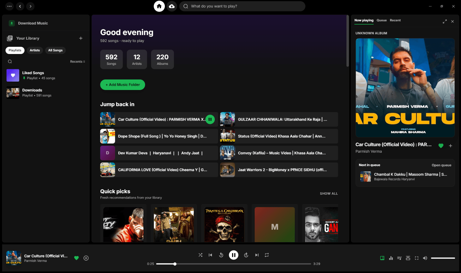 Z Phase home screen: library stats, Jump back in, Quick picks