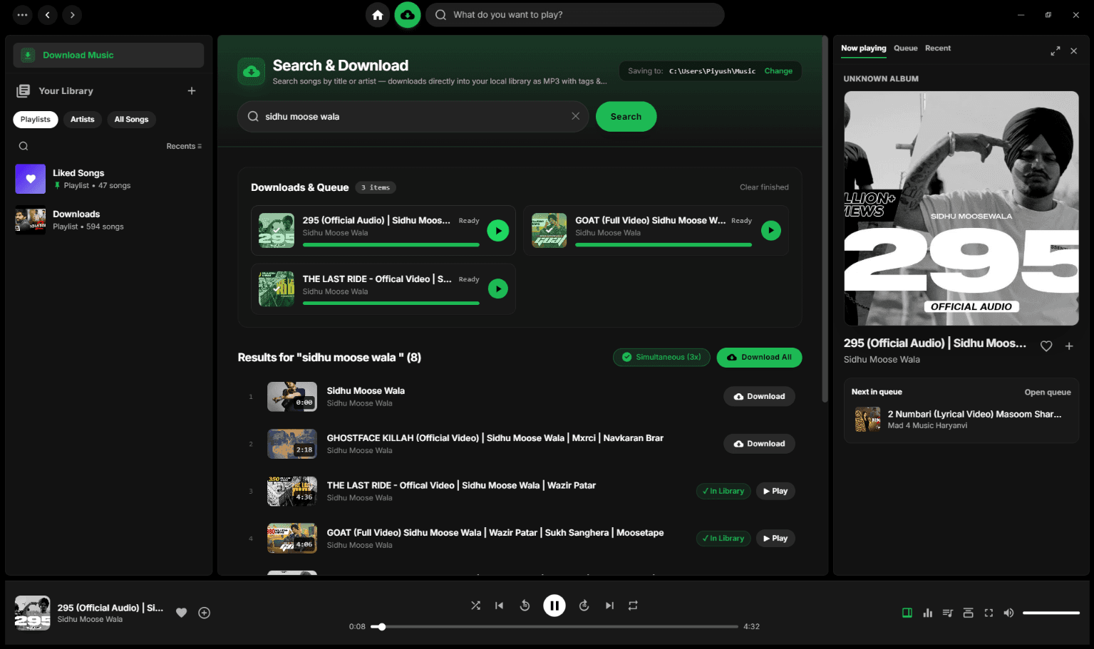Z Phase download queue with Ready tracks and In Library badges